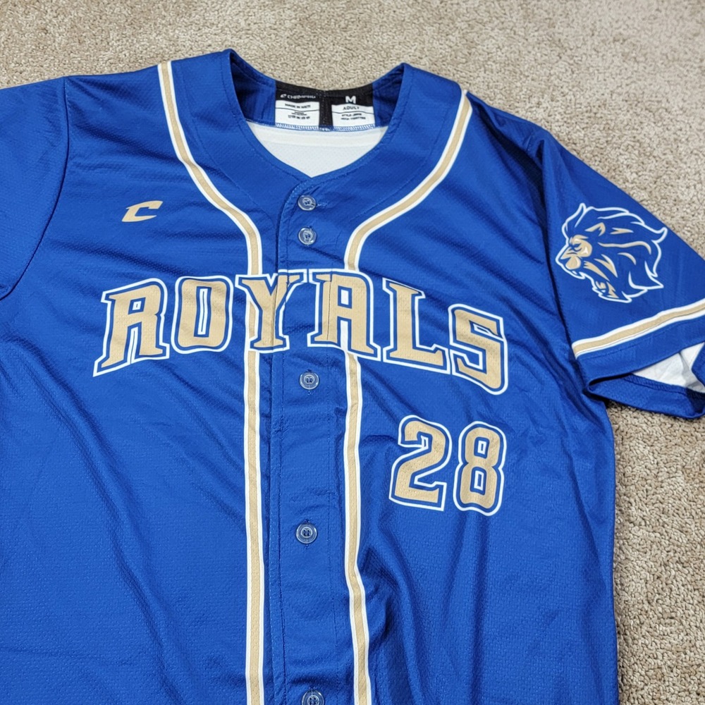 Champro Royals Glover 28 Baseball Jersey Blue Gold Faux Button Mens Medium JBS13